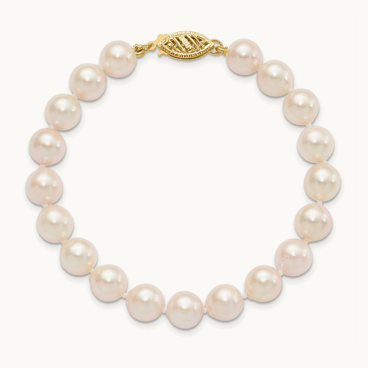 7- Round White Saltwater Akoya Cultured Pearl Bracelet, 8mm, 14K