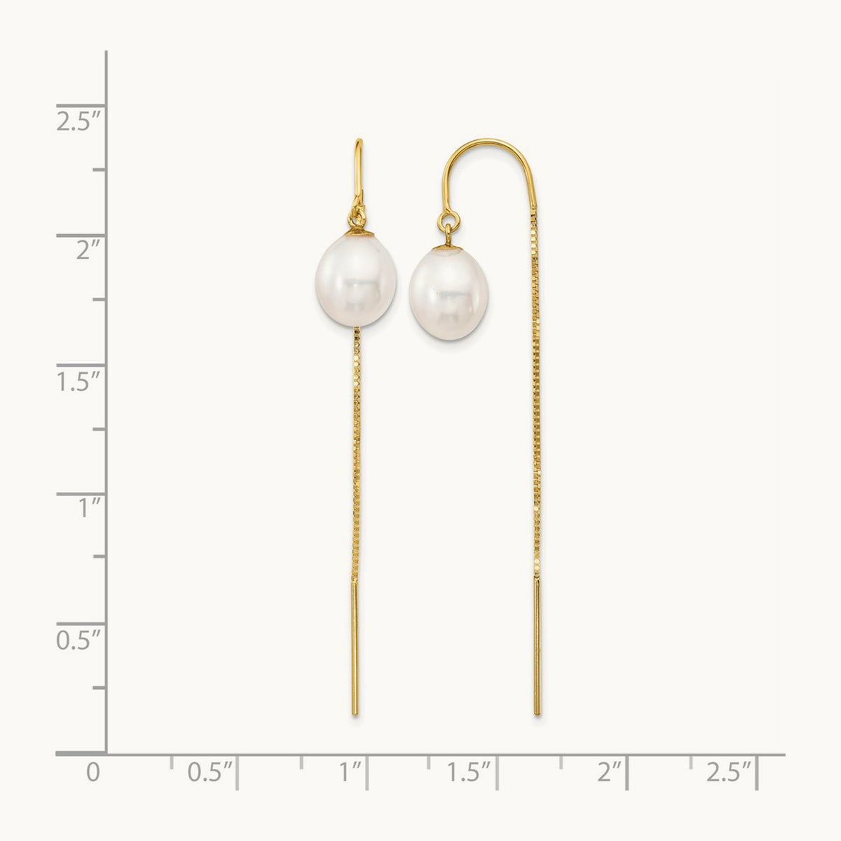 7- White Rice FW Cultured Pearl Box Chain Threader Earrings, 8mm, 14K