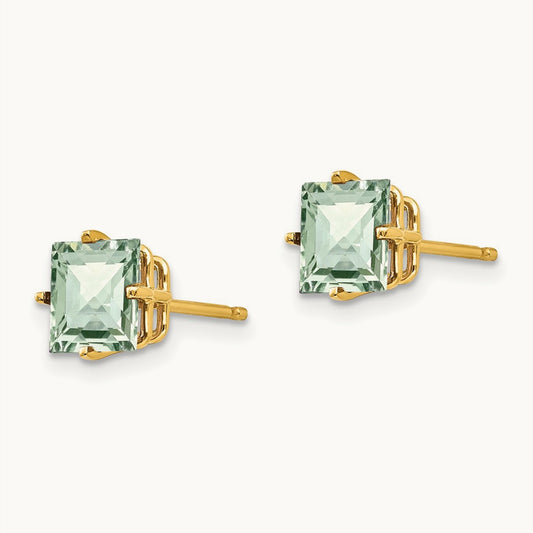 Square Checker-Cut Green Quartz Earrings, 6mm, 14K
