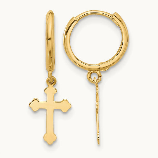 Hinged Dangle Cross Hoop Earrings, 14K