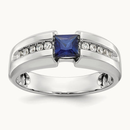 IBGoodman Men's Polished Lab Created Sapphire & Diamond Ring, 14K White Gold