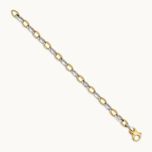 Hand Polished and Satin Fancy Link Bracelet, 6.6mm, 14K Two-tone