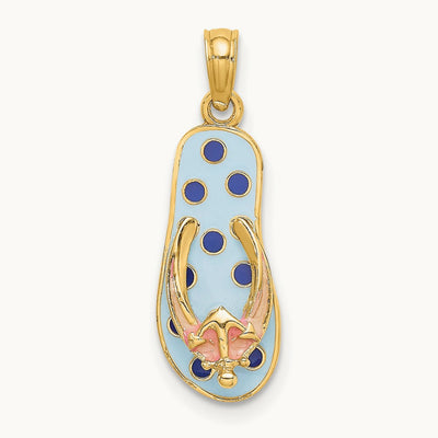 3D Enamel Anchor On Blue Polka-Dot Flip-Flop Charm, 14K