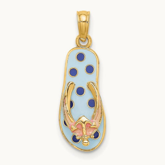 3D Enamel Anchor On Blue Polka-Dot Flip-Flop Charm, 14K