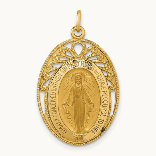 Polished and Satin Miraculous Medal in Frame Oval Pendant, 14K