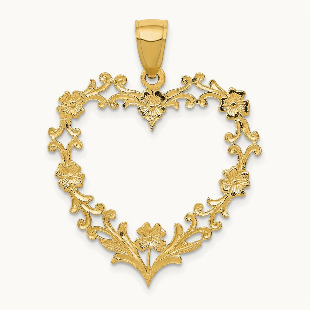 Polished Floral Border Heart Pendant — 34mm