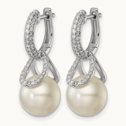 Polished Diamond and Pearl Dangle Hoop Earrings, 14K White Gold