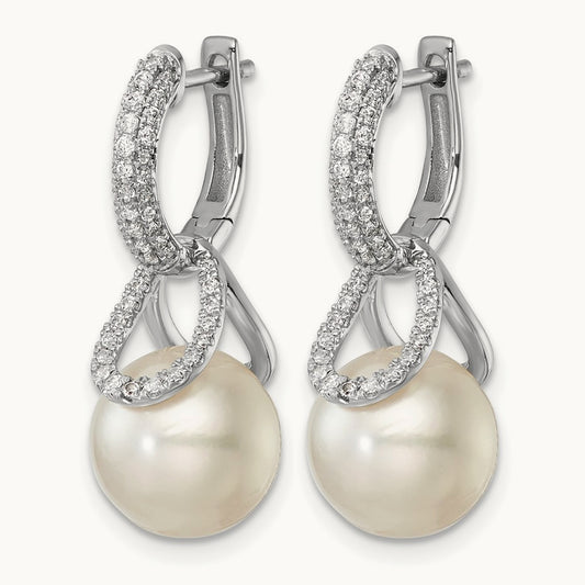 Polished Diamond and Pearl Dangle Hoop Earrings, 14K White Gold