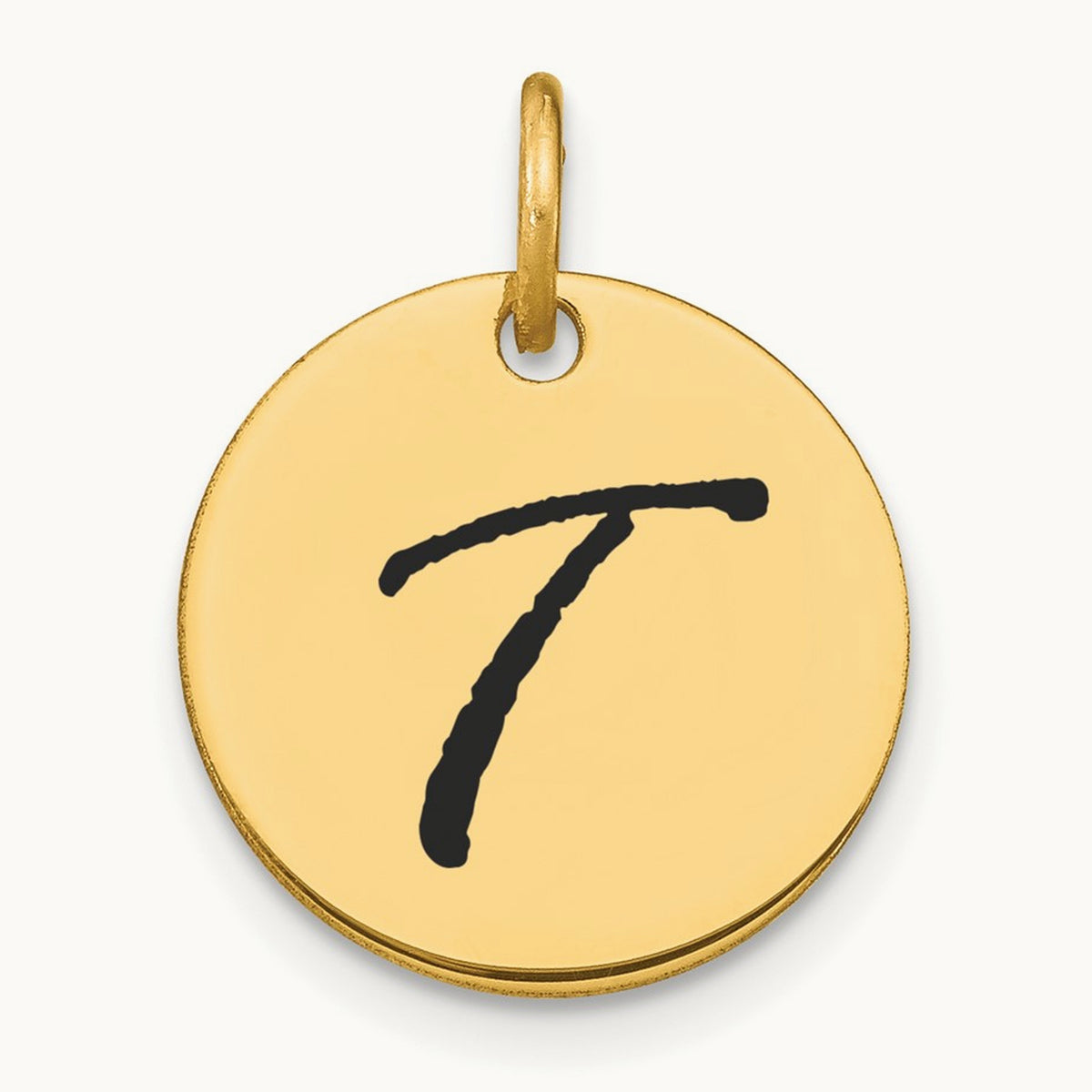 Polished Black Enamel Initial Disk Charm — 14K Yellow Gold, T