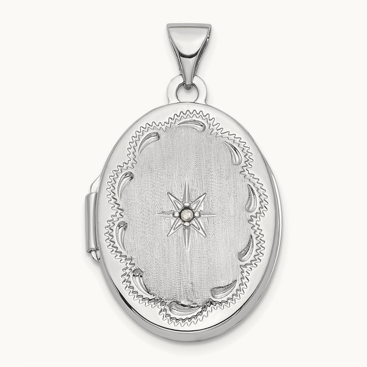 Brushed Diamond Star Oval Locket — 14K White Gold