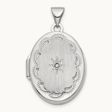 Brushed Diamond Star Oval Locket — 14K White Gold