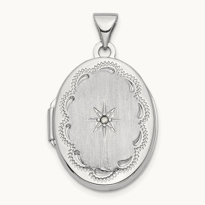 Brushed Diamond Star Oval Locket — 14K White Gold