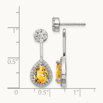 Diamond/Pear Citrine Front/Back Earrings, 14K White Gold