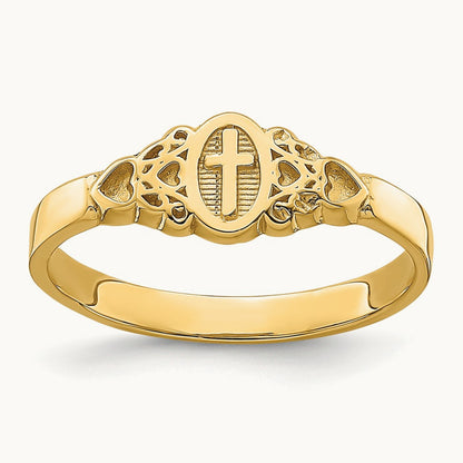 Cross Inside Oval W/Scroll and Heart Ring, 14K