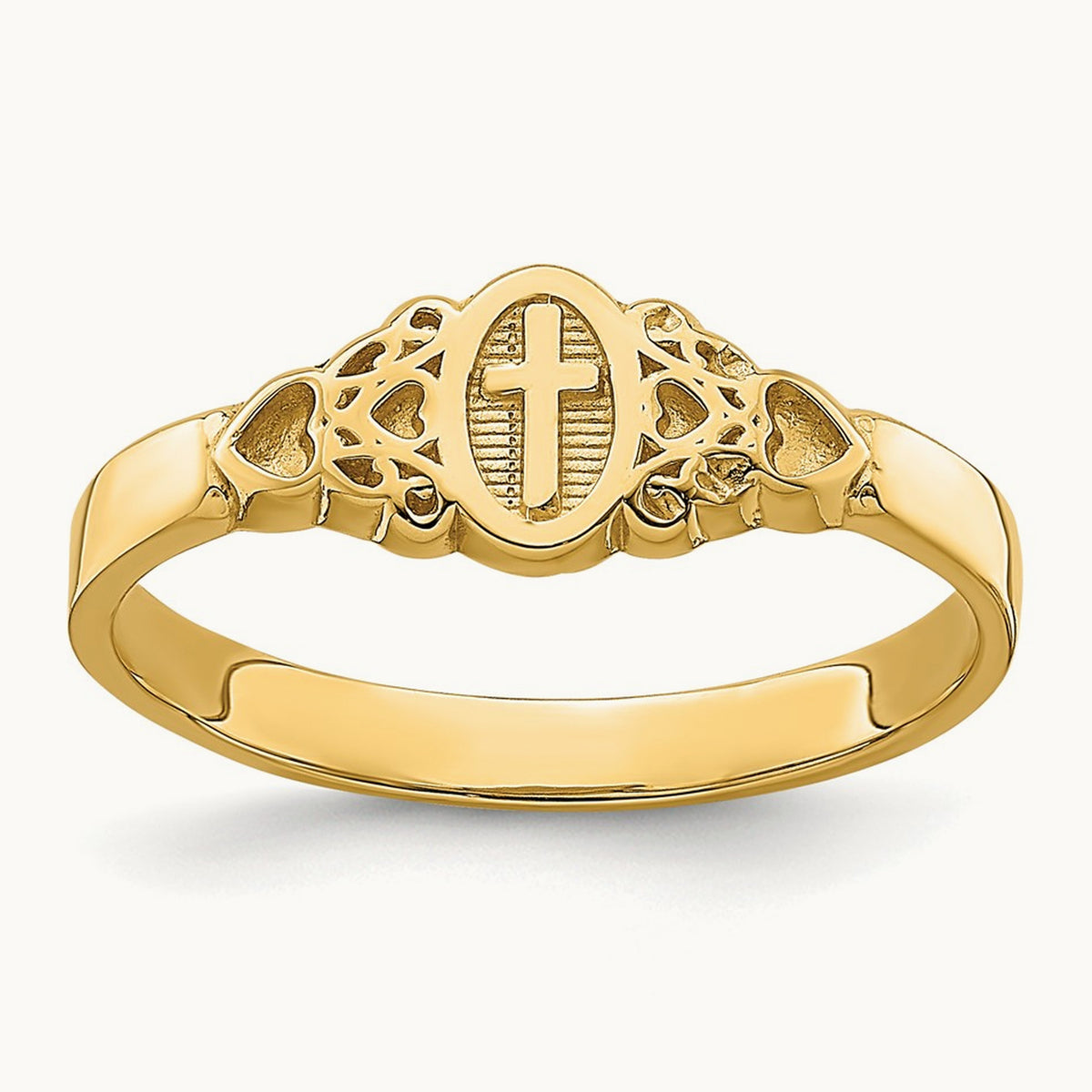Cross Inside Oval W/Scroll and Heart Ring, 14K