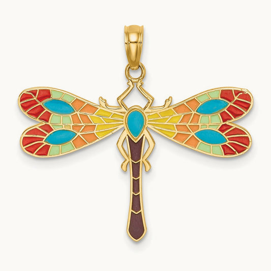Multi Color Enamel Dragonfly Charm, 14K