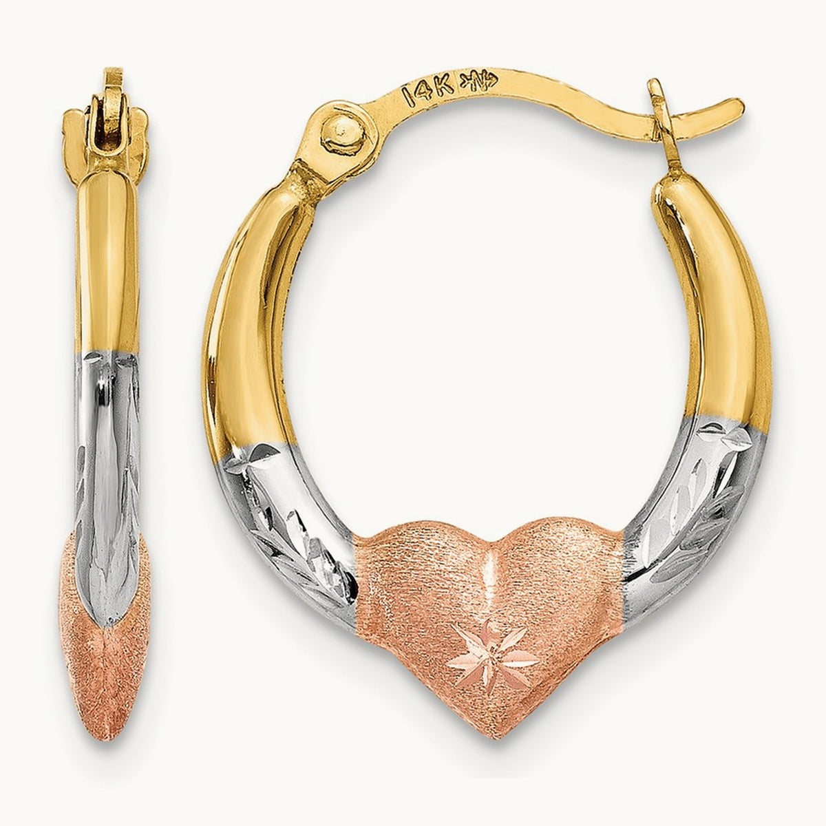 & White and Rose Rhodium Heart Hoop Earrings, 14K