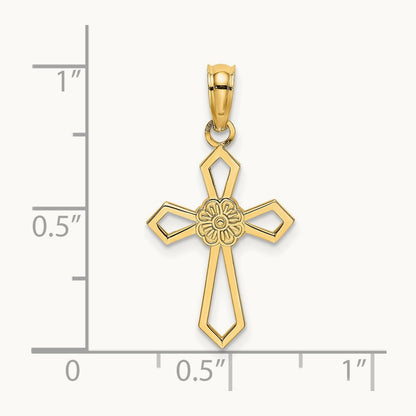 Cut-Out and Flat Cross W/ Flower Charm, 14K