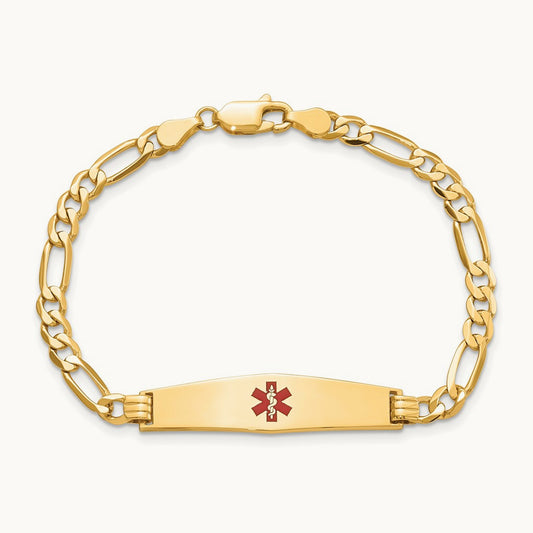 Medical Soft Diamond Shape Red Enamel Flat Figaro Link ID Bracelet, 14K