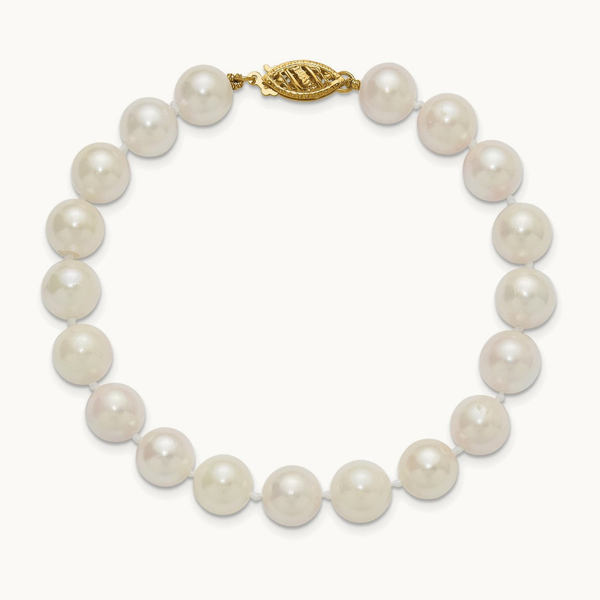 8- Round White Saltwater Akoya Cultured Pearl Bracelet, 9mm, 14K