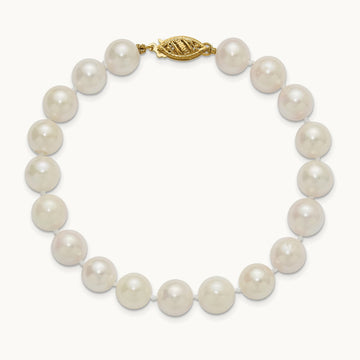 8- Round White Saltwater Akoya Cultured Pearl Bracelet, 9mm, 14K