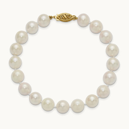 8- Round White Saltwater Akoya Cultured Pearl Bracelet, 9mm, 14K