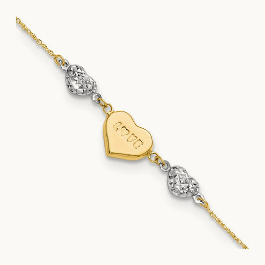 Puffed LOVE Heart & D/C Hearts Bracelet, 14K Two Tone