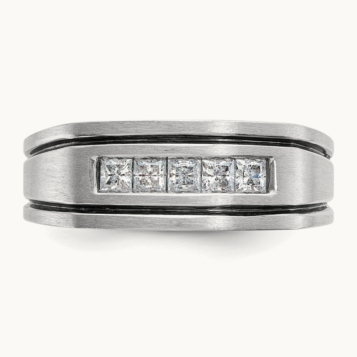 w/ Black RH IBGoodman Men's Satin & Grooved 5-Stone Dia Ring, 14K White Gold