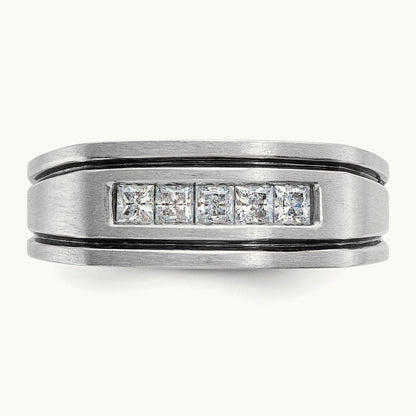 w/ Black RH IBGoodman Men's Satin & Grooved 5-Stone Dia Ring, 14K White Gold