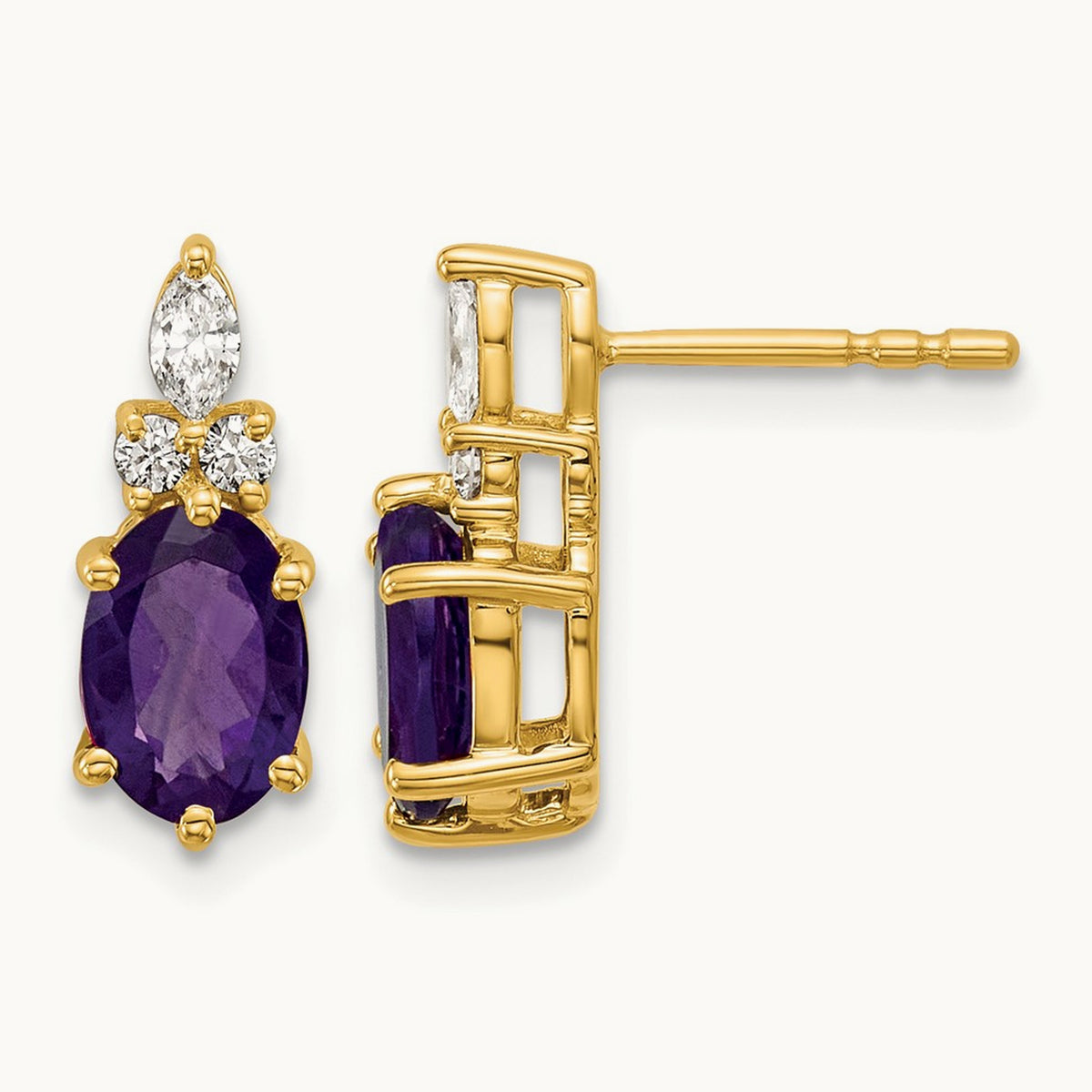 Diamond and Amethyst Post Earrings — 14K Yellow Gold