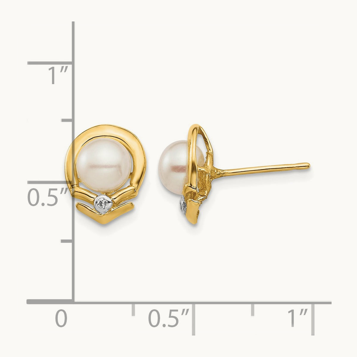 5- White Button FW Cultured Pearl .02ct Diamond Post Earrings, 14K