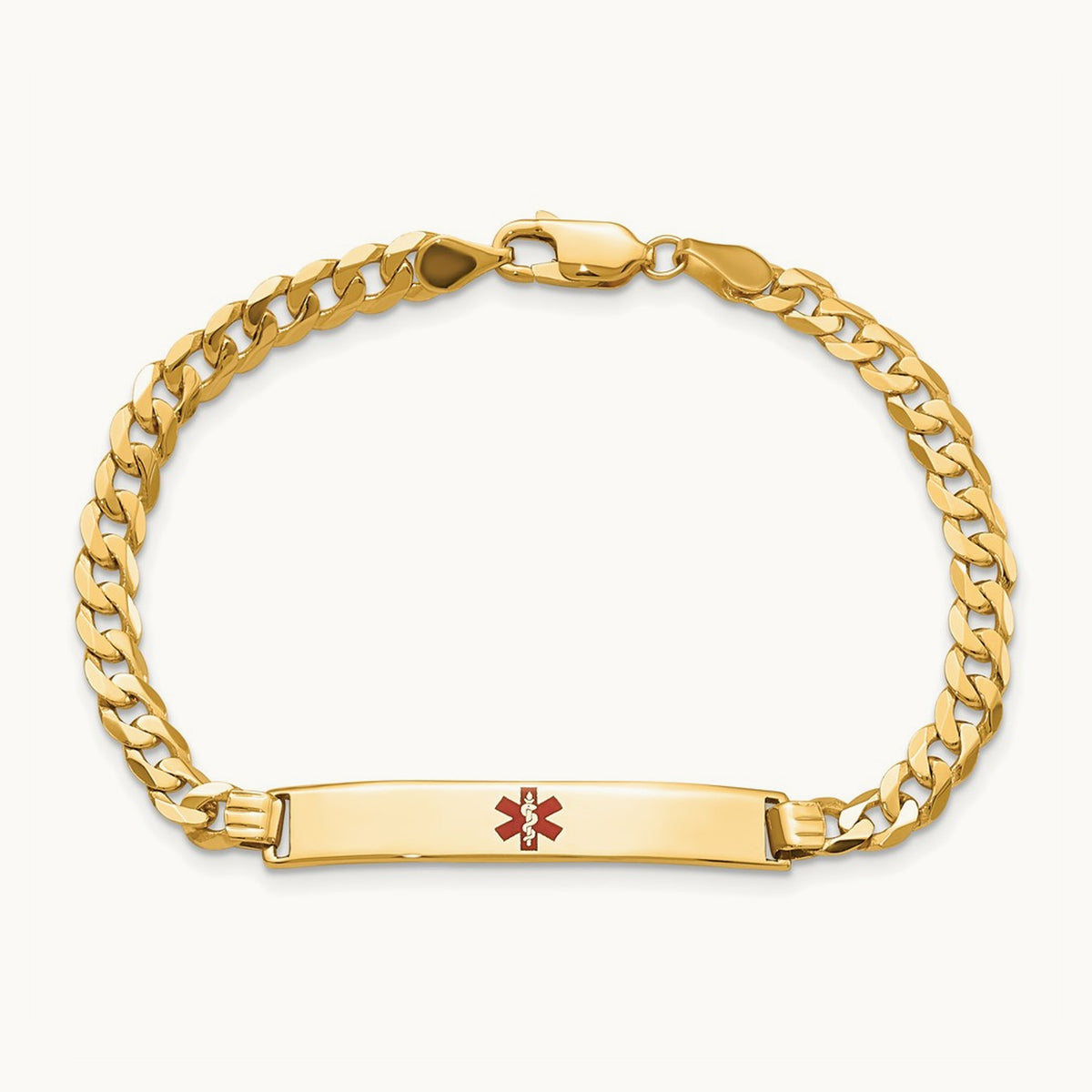 Medical Red Enamel Flat Curb Link ID Bracelet, 14K