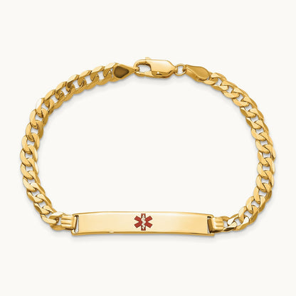 Medical Red Enamel Flat Curb Link ID Bracelet, 14K