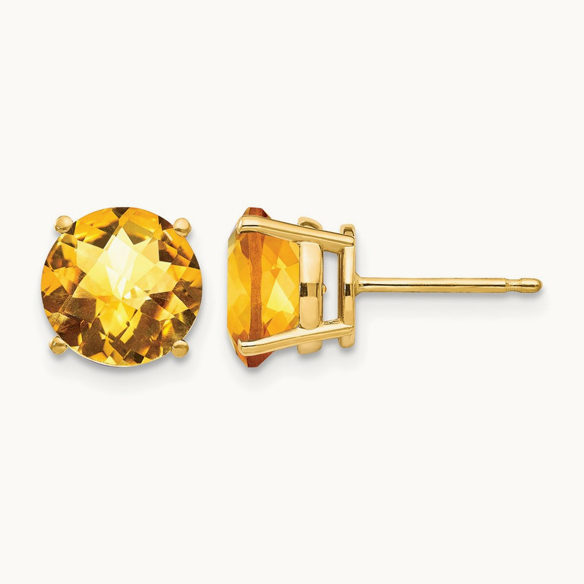 Citrine Checker Post Earrings, 8mm, 14K