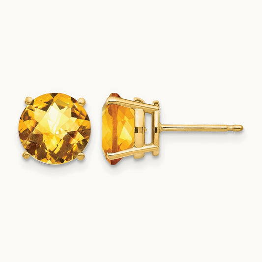 Citrine Checker Post Earrings, 8mm, 14K