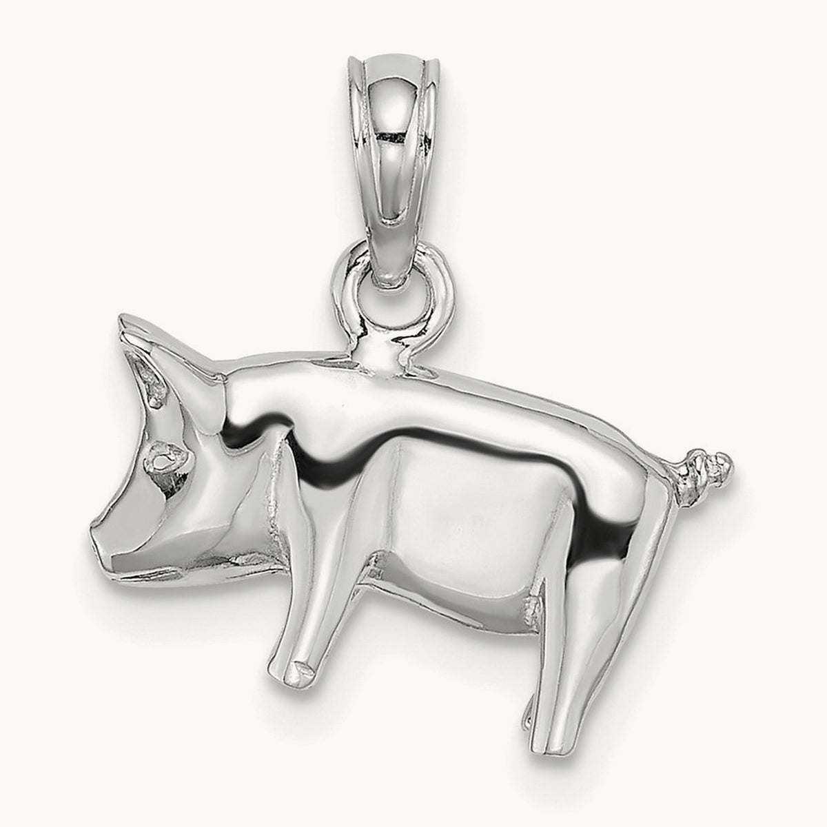 3-D Polished Pig with Curly Tail Charm — 14K White Gold