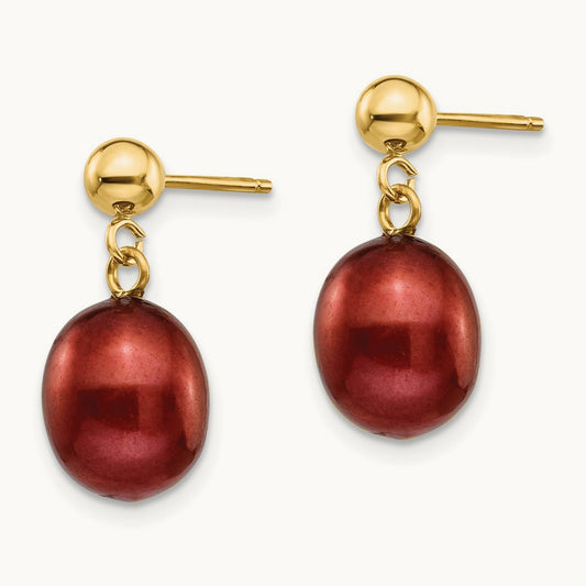 8- Brown Freshwater Cultured Pearl Post Dangle Earrings, 9mm, 14K