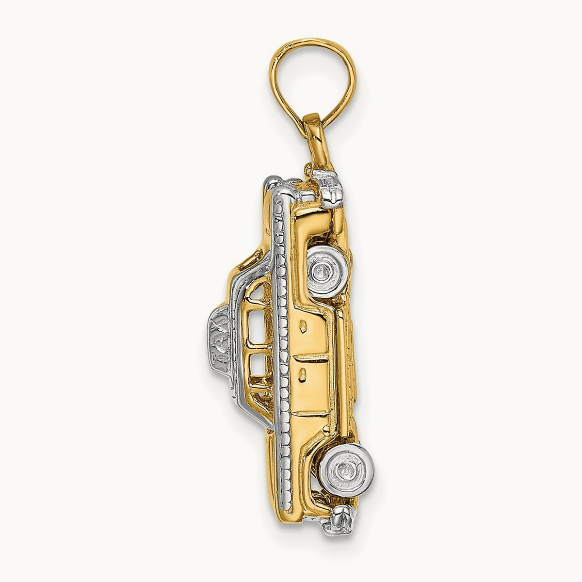 3-D Taxi with Moveable Tires Charm, 14K with White Rhodium