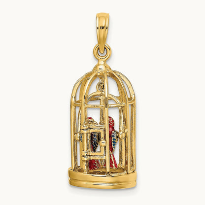 w/ Enamel 3-D Bird Cage w/ 2 Birds and Doors Open Charm, 14K