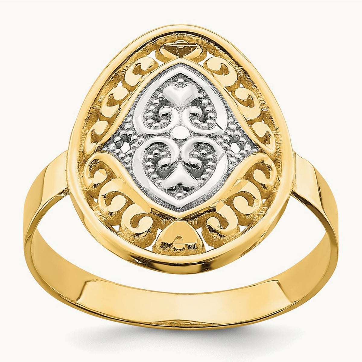 w/Rhodium Oval Shield and Hearts Ring, 14K