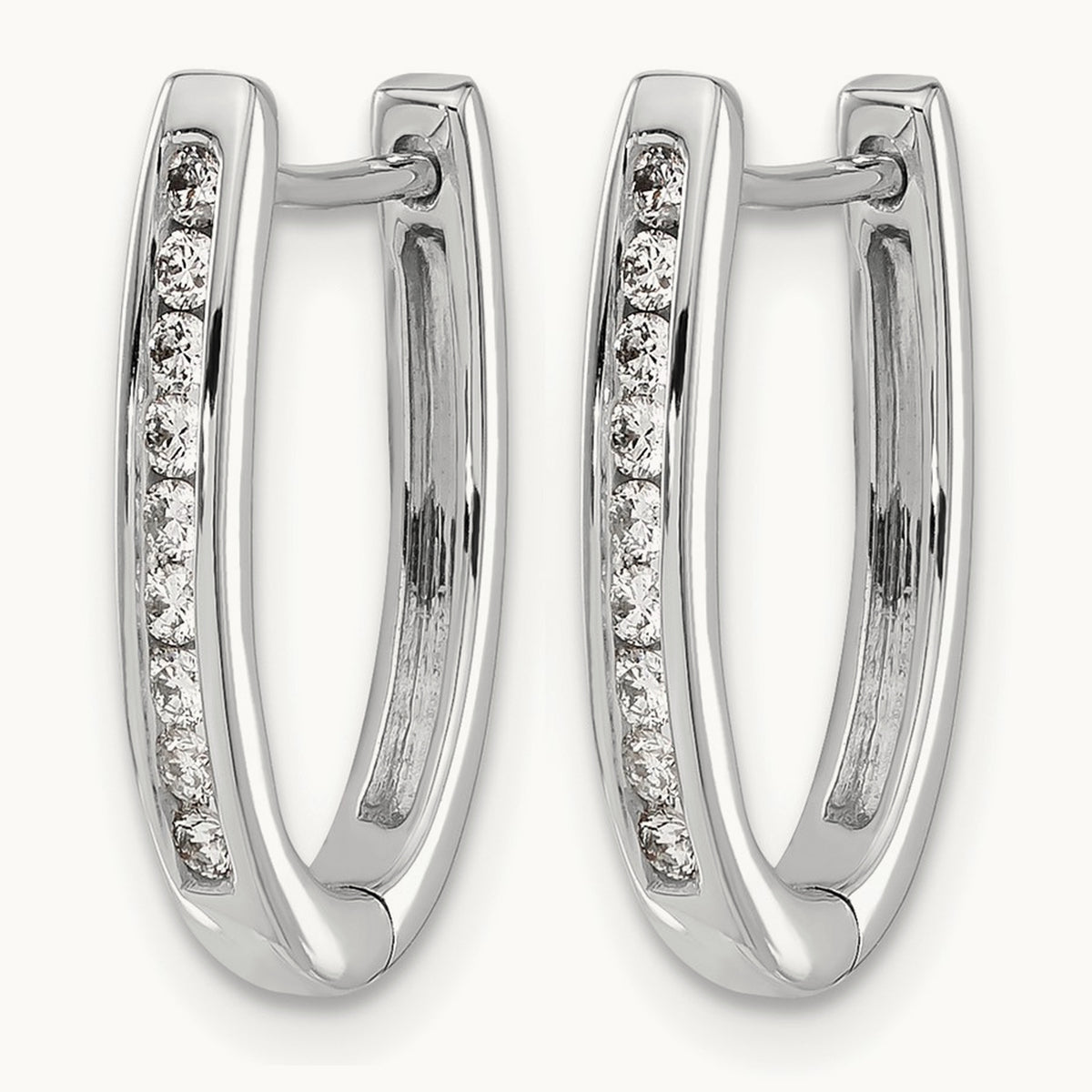 Diamond Oval Hinged Hoop Earrings — 14K White Gold, 11mm