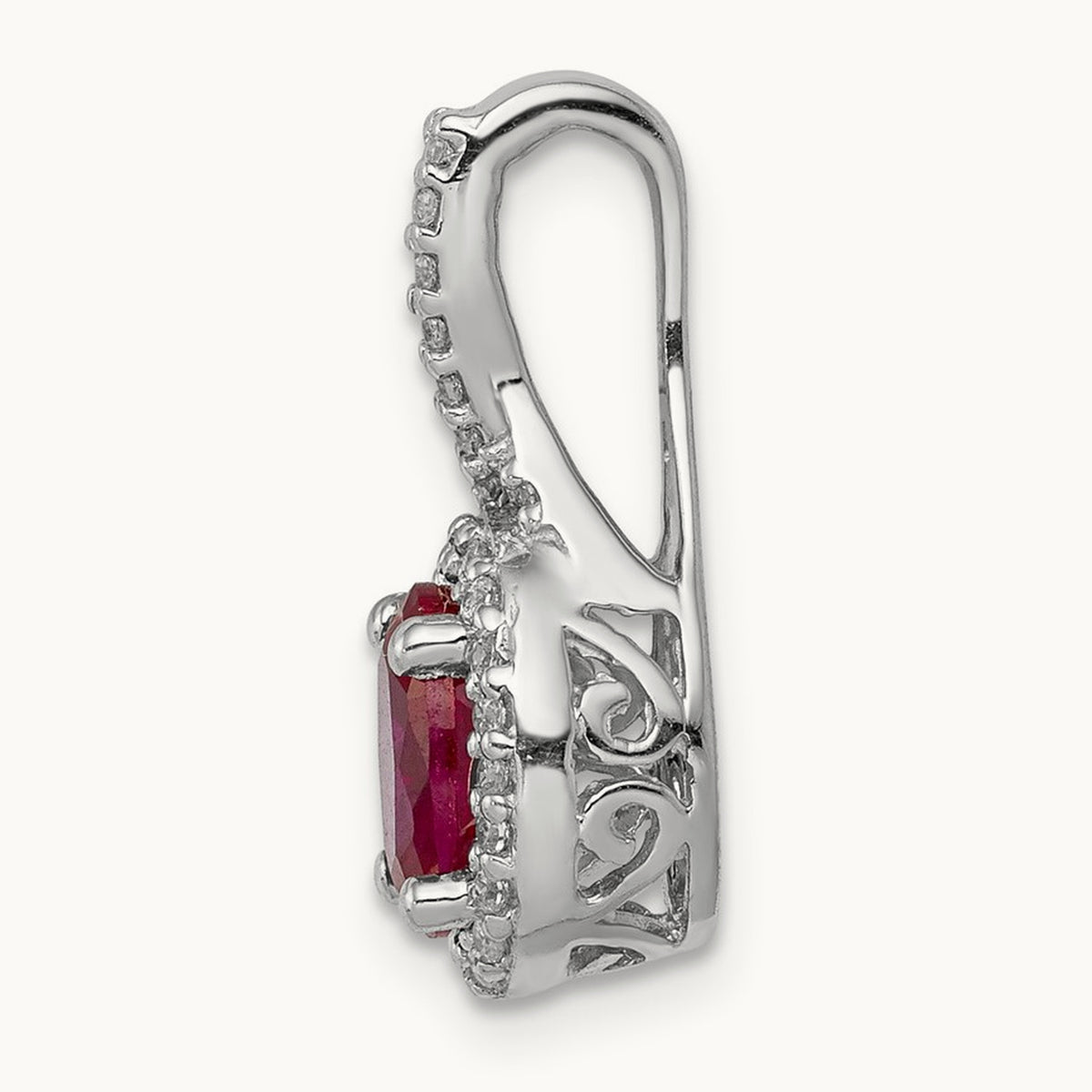 Diamond and Oval Ruby Halo Pendant, 14K White Gold