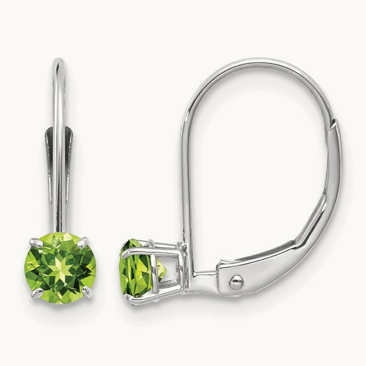 Round August/Peridot Leverback Earrings — 14K White Gold