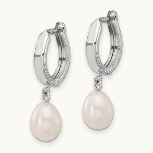 6- Teardrop White FWC Pearl Hoop Dangle Earrings, 7mm, 14K White Gold