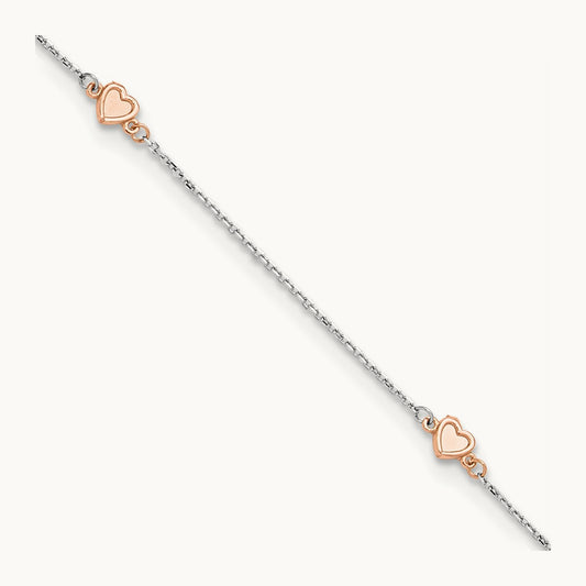 Satin Hearts 9in Plus 1in ext. Anklet, 14K Two-tone White with Rose