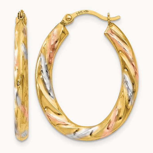 & White & Rose Rhodium Oval Hollow Scallop Hoop Earrings, 14K