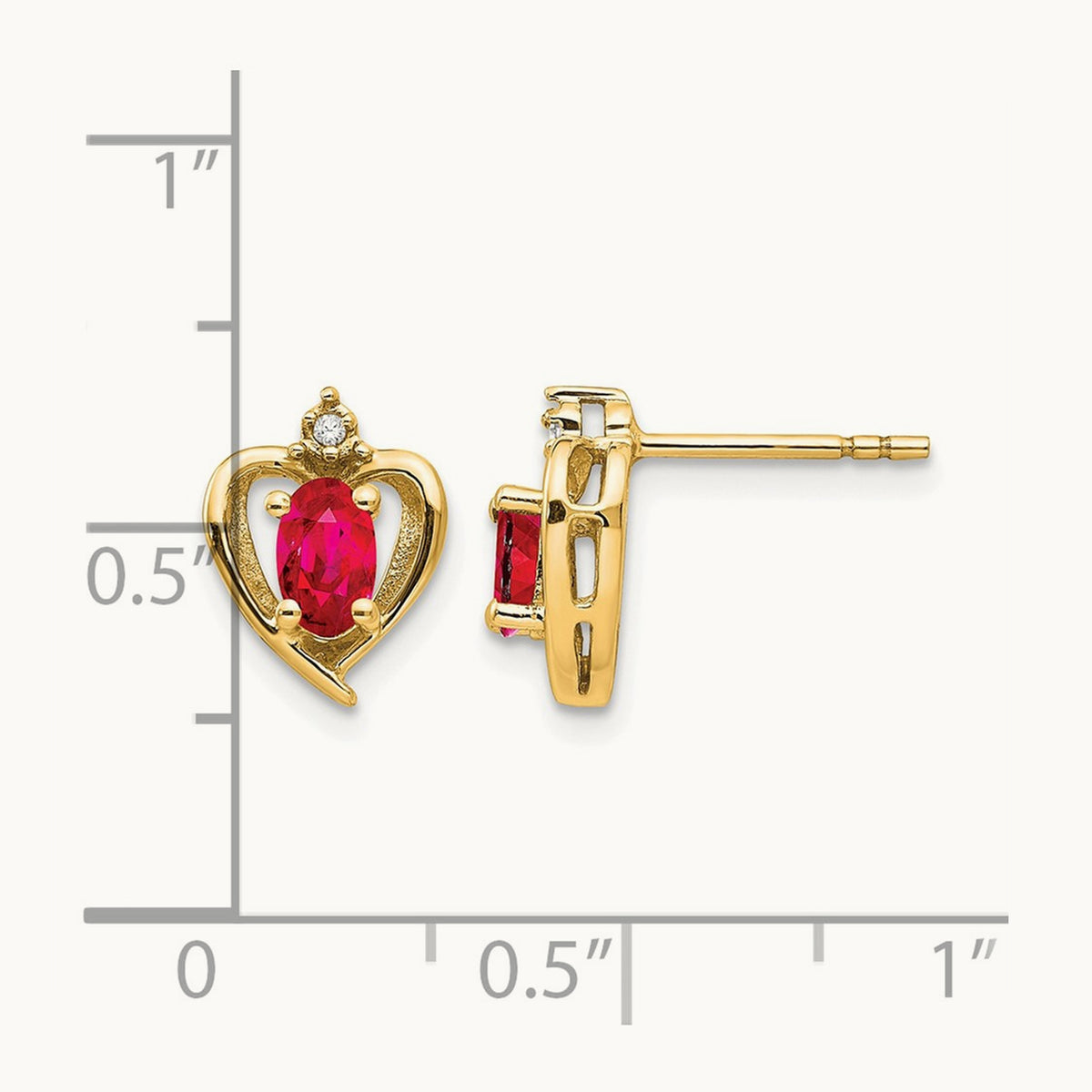 Ruby and Diamond Heart Earrings — 14K Yellow Gold, 17mm