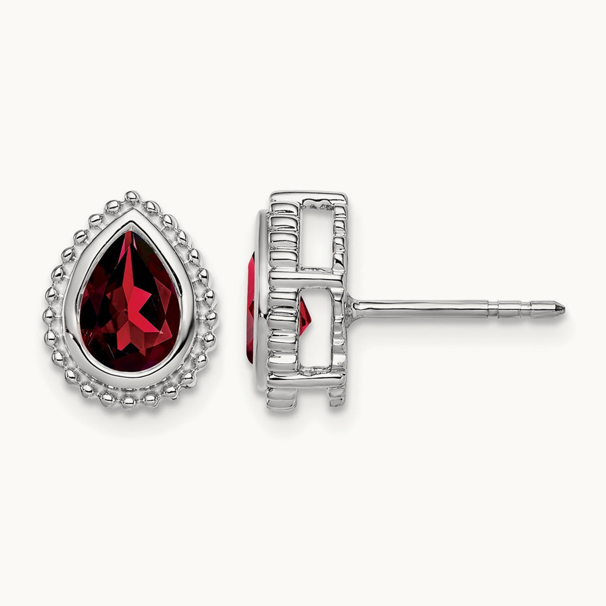 Pear Garnet Post Earrings — 14K White Gold
