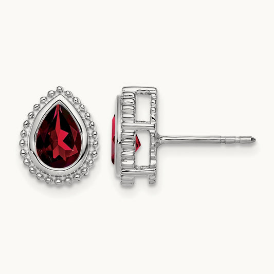 Pear Garnet Post Earrings — 14K White Gold
