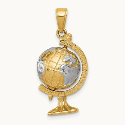 w/Rhodium 3-D Moveable Globe Pendant, 14K